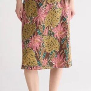 Madewell Tropical Brown Pink Floral Linen Summer Midi Skirt- 00 (oversized)